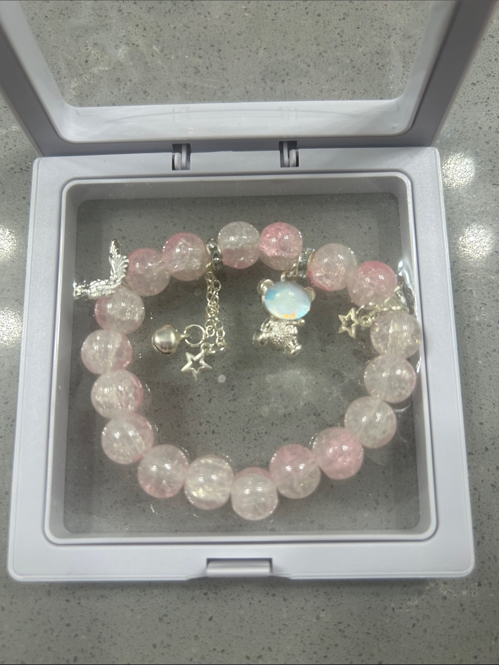 Women's Pink Beaded Charm Bracelet with Opalescent Bear Charm